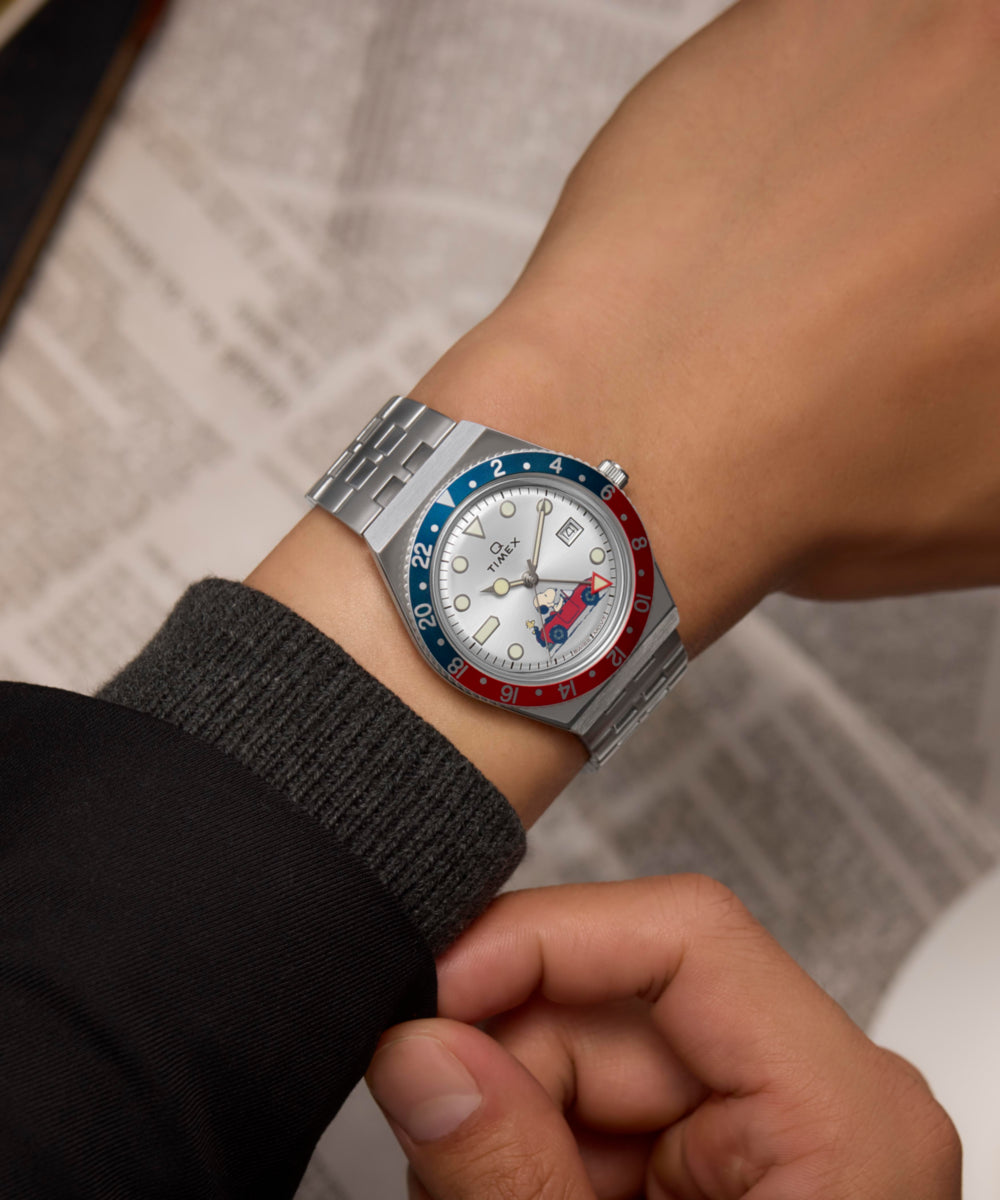 Timex x Peanuts® Q Timex® GMT 38mm Stainless Steel Bracelet Watch